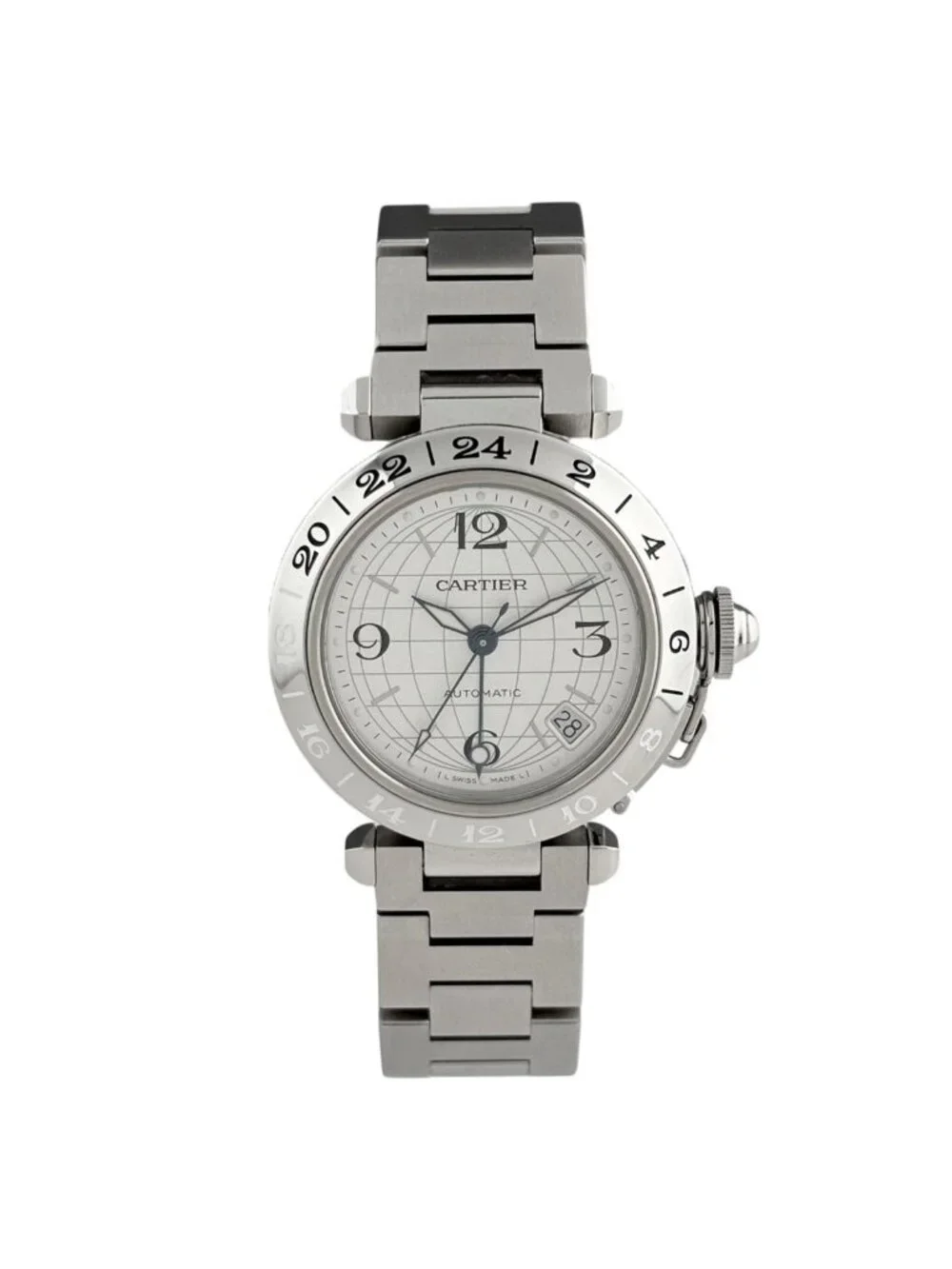 Cartier Pasha C Meridian GMT Watch SS Automatic Winding Silver